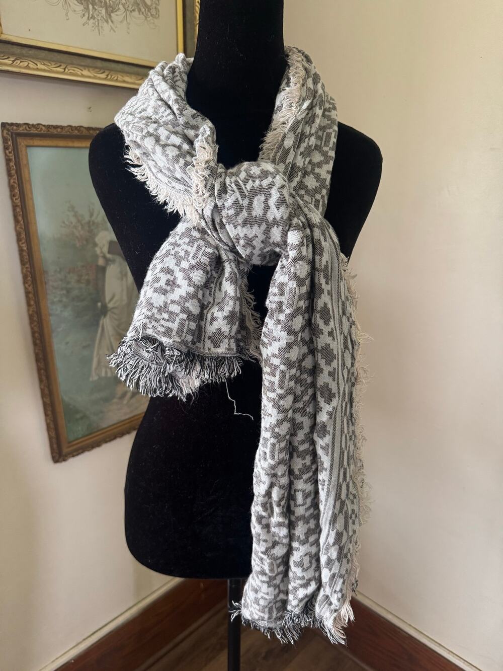 Gray White Geometric Fringe Scarf Wrap Shawl One Size